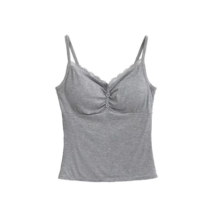 Shirred Ribbed Lace-Trim Cami Top