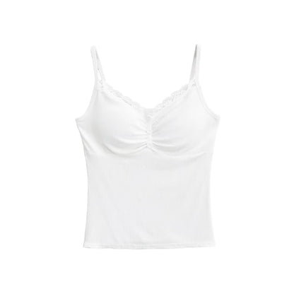 Shirred Ribbed Lace-Trim Cami Top