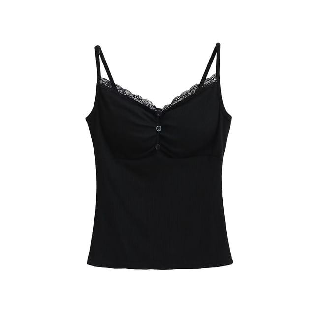 Shirred Ribbed Lace-Trim Cami Top