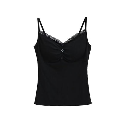 Shirred Ribbed Lace-Trim Cami Top
