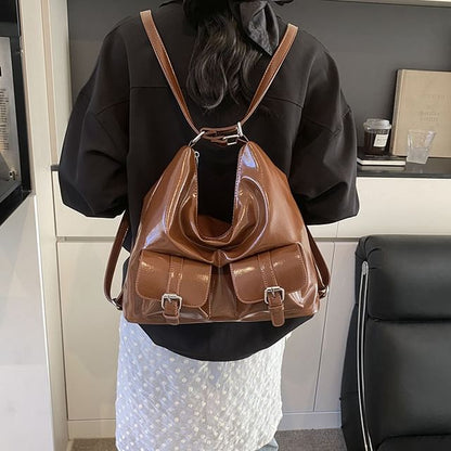 Multi-Pocket Faux Leather Backpack