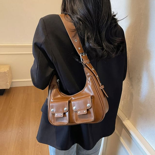 Multi-Pocket Faux Leather Shoulder Bag