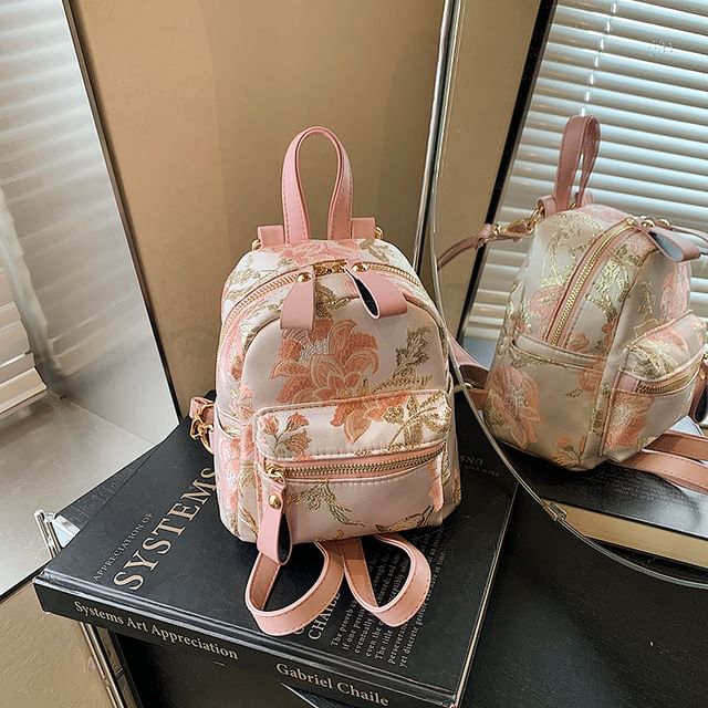 Flower Embroidered Multi-Pocket Backpack