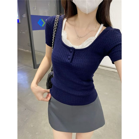Cropped Knit Two-Piece with Lace Trim & Scoop Neck