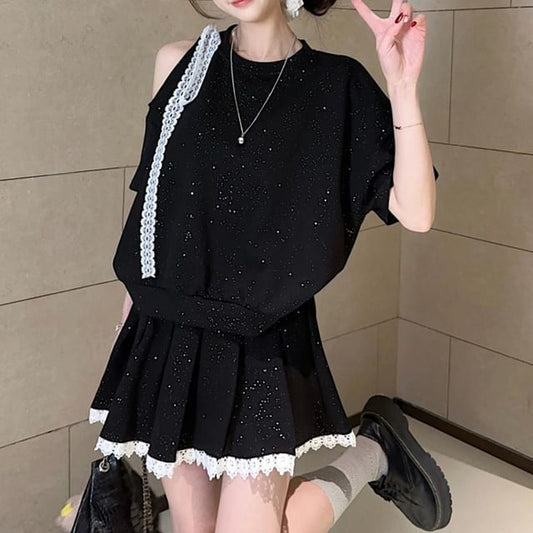 Glitter Oversized Tee & Lace Mini Skirt Set