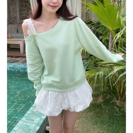 High-Waisted Mini Skirt & Cold Shoulder Lace Sweatshirt Set