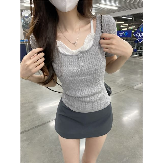 Cropped Knit Two-Piece with Lace Trim & Scoop Neck