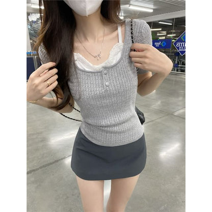 Cropped Knit Two-Piece with Lace Trim & Scoop Neck