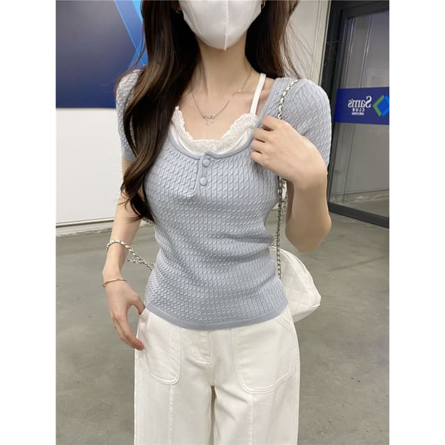 Cropped Knit Two-Piece with Lace Trim & Scoop Neck