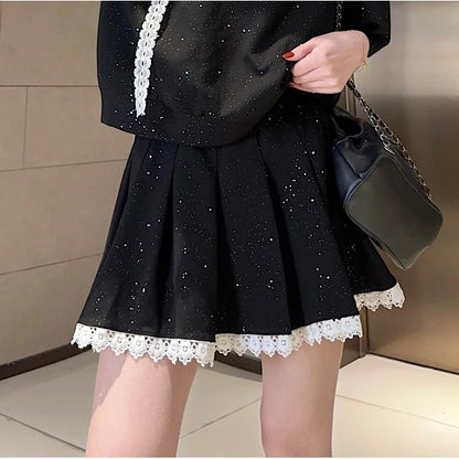 Glitter Oversized Tee & Lace Mini Skirt Set