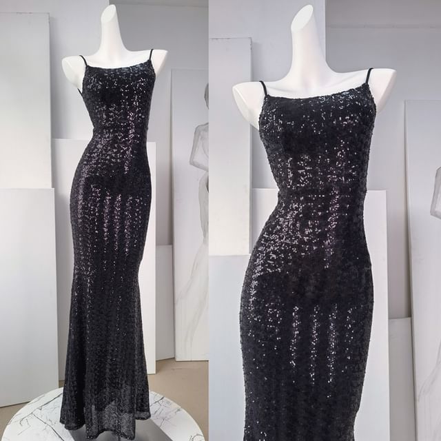 Spaghetti Strap Sequin Sheath Evening Gown