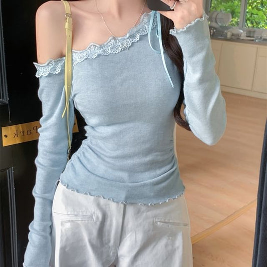 One-Shoulder Ruched Lace Panel Top