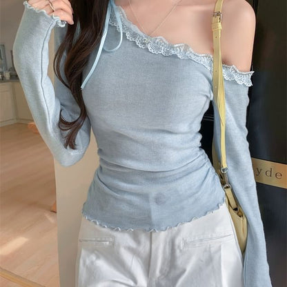 One-Shoulder Ruched Lace Panel Top