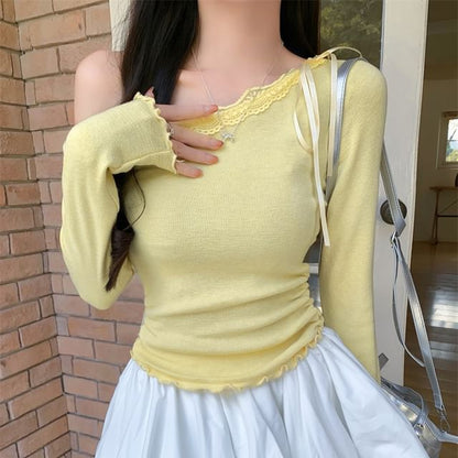 One-Shoulder Ruched Lace Panel Top