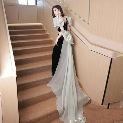 Puff-Sleeve Square Neck Two Tone Bow Back Sheath Evening Gown