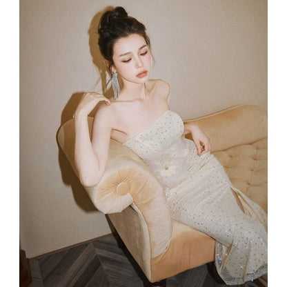 Strapless Flower Accent Sequin Slit Bow Back Midi Sheath Evening Dress