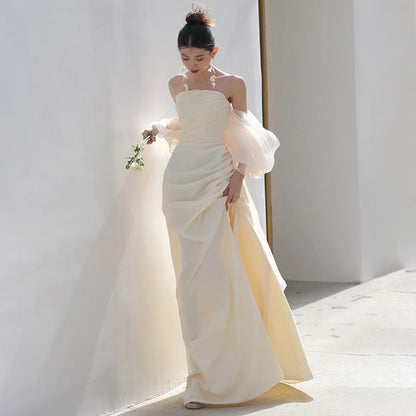 Off-Shoulder Plain Slit A-Line Evening Gown