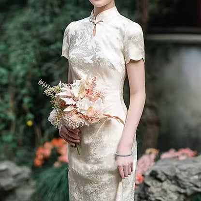 Short Sleeve Keyhole Jacquard Midi Sheath Cocktail Qipao