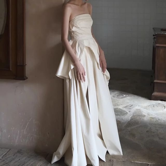 Plain Ruched Panel Slit A-Line Tube Wedding Gown