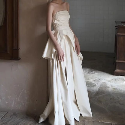 Plain Ruched Panel Slit A-Line Tube Wedding Gown