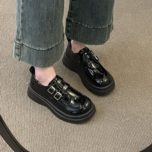 Leather Buckled Platform Loafers Faux