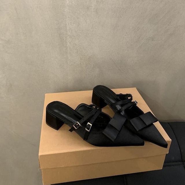 Pointed Mules Jane Mary Bow Toe Heel Chunky