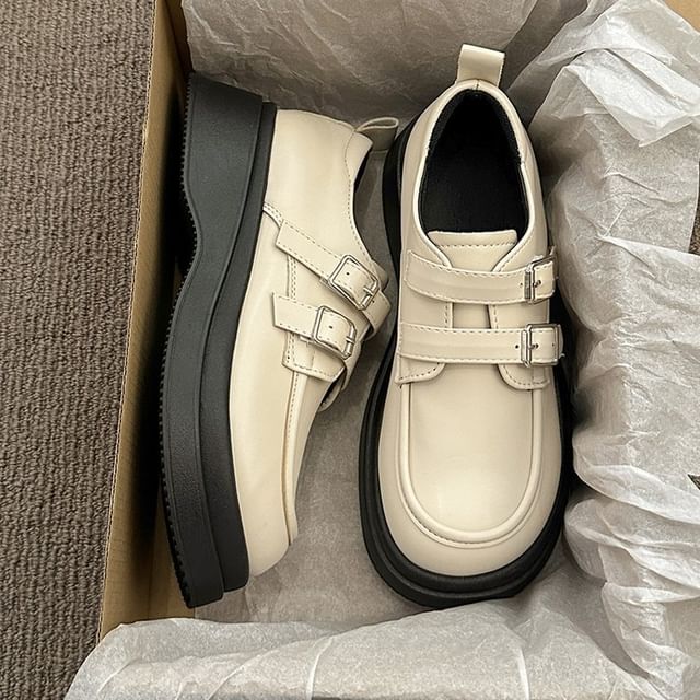 Leather Buckled Platform Loafers Faux