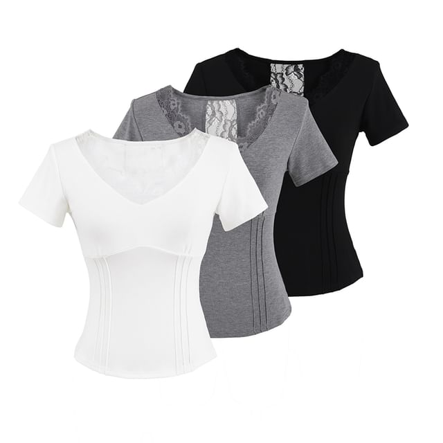 V-Neck Lace-Trim Short-Sleeved Top