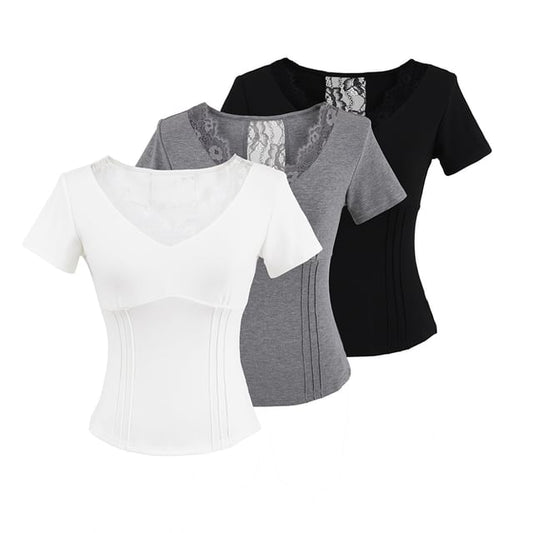 V-Neck Lace-Trim Short-Sleeved Top