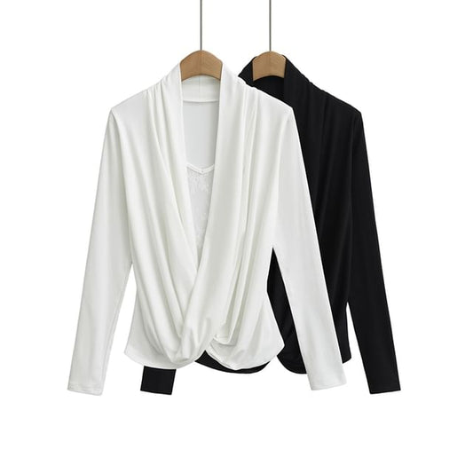 Cowl Neck Lace-Trim Long-Sleeved Tee
