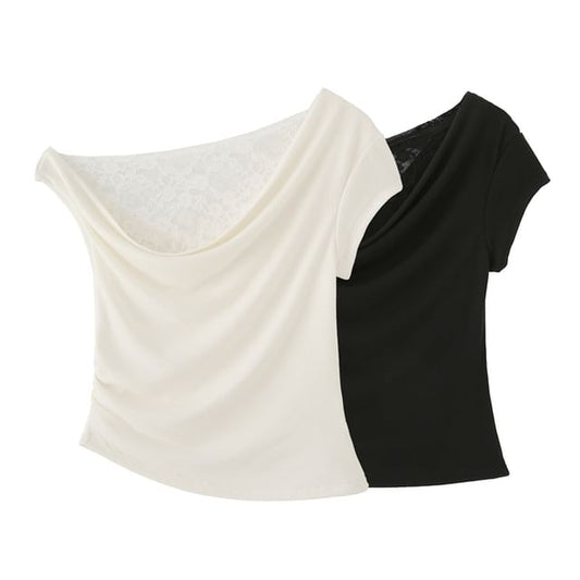 Asymmetric Ruched Cropped Tee with Lace Panel & One Shoulder