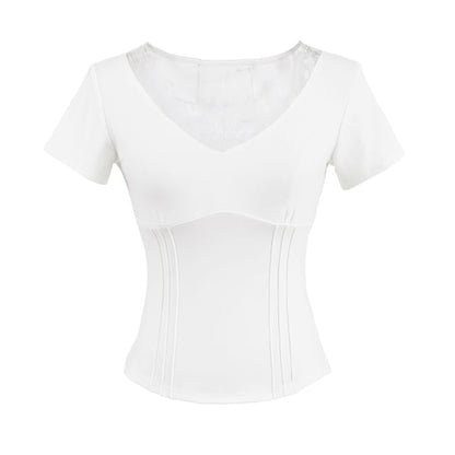V-Neck Lace-Trim Short-Sleeved Top