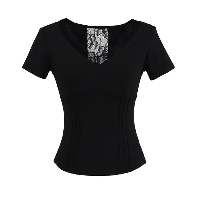 V-Neck Lace-Trim Short-Sleeved Top