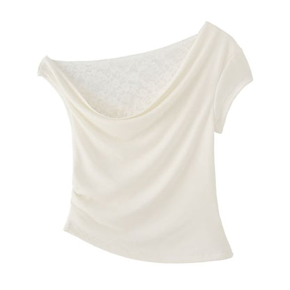 Asymmetric Ruched Cropped Tee with Lace Panel & One Shoulder