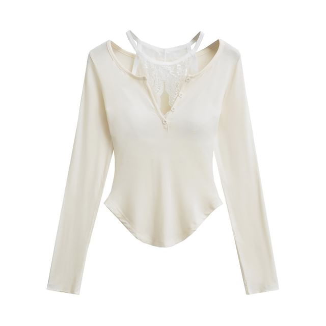 V-Neck Lace-Trim Long-Sleeved Tee