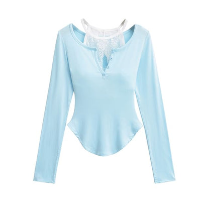 V-Neck Lace-Trim Long-Sleeved Tee