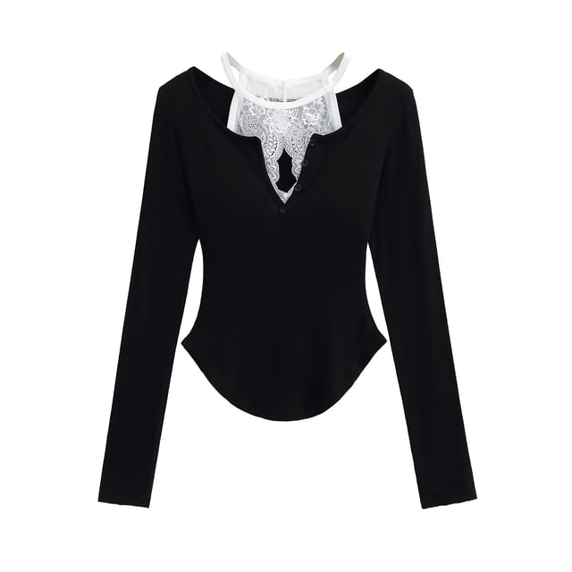 V-Neck Lace-Trim Long-Sleeved Tee