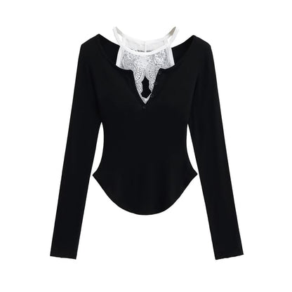 V-Neck Lace-Trim Long-Sleeved Tee