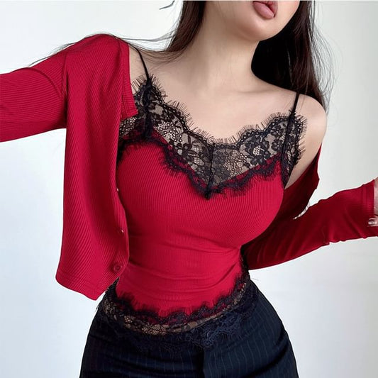 Lace Cami & Button Cardigan Set