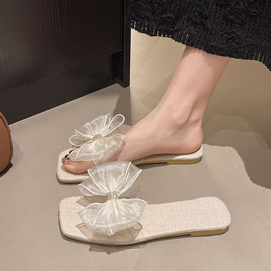 Square-Toe Mesh Floral Slide Sandals