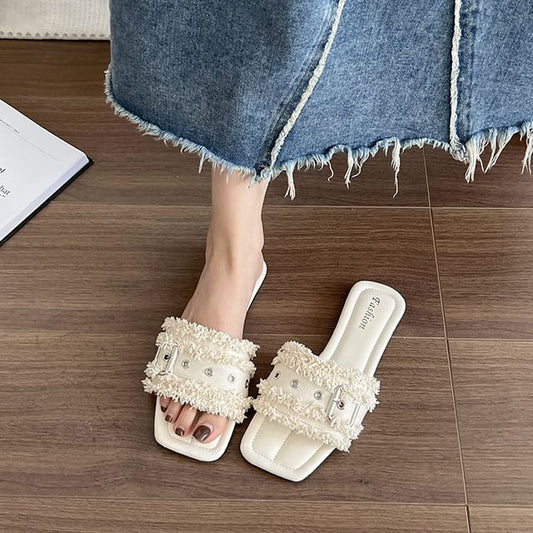 Square-Toe Buckled Tasseled Slide Sandals