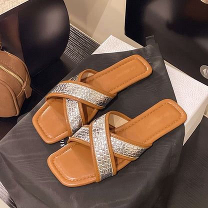 Square-Toe Cross Strap Slide Sandals