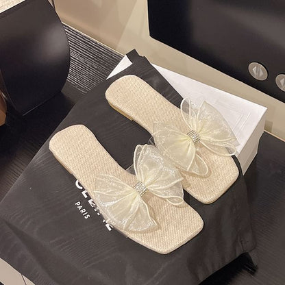 Square-Toe Mesh Floral Slide Sandals