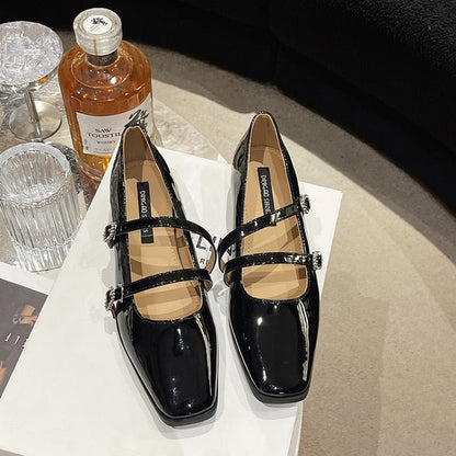 Square-Toe Low Heel Double Strap Sandals