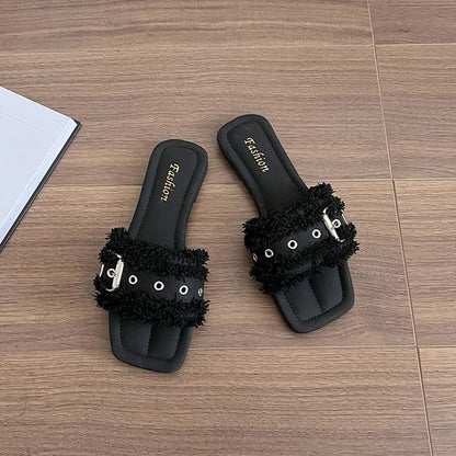 Square-Toe Buckled Tasseled Slide Sandals