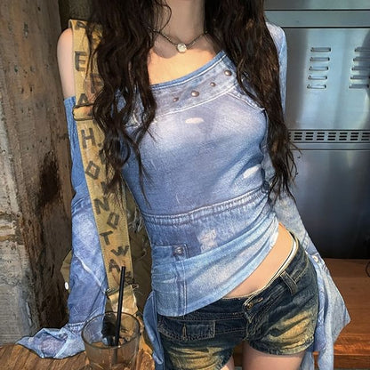 Long-Sleeve Asymmetrical Neck Print Crop Slim Fit Tee