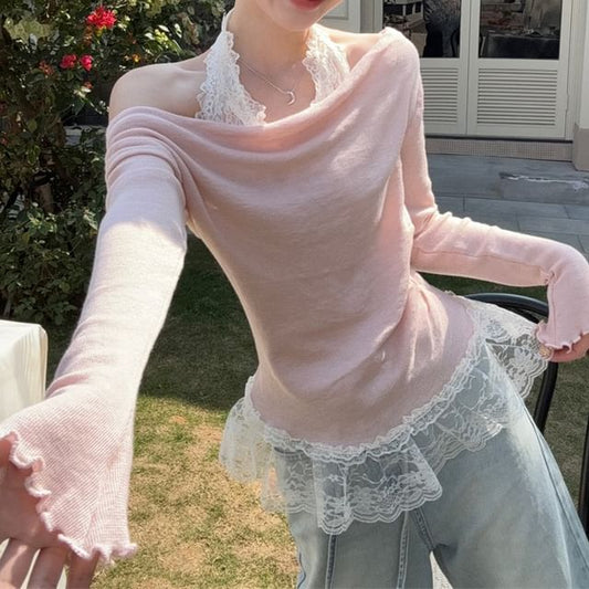 Mock Two-Piece Long-Sleeve Halter Lace Panel Slim Fit Tee