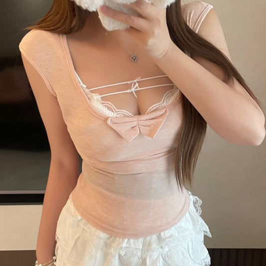 Cap-Sleeve Scoop Neck Bow Slim Fit T-Shirt / Lace Panel Bra Top