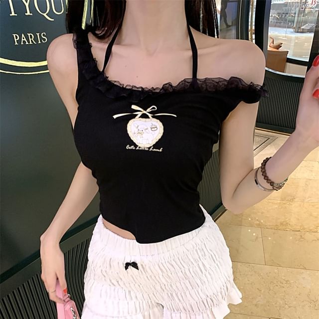 Cartoon Print Lace Trim Crop Cami Top