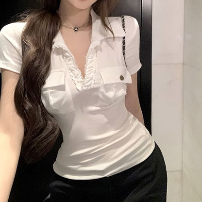 Short-Sleeve Collar Plain Slim Fit Tee